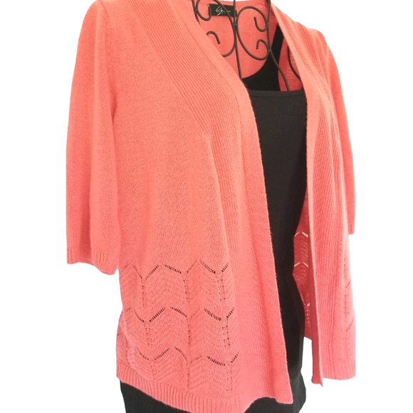 Cropped Pointelle Detail Quarter Sleeve Cardigan - Picture 1 of 9